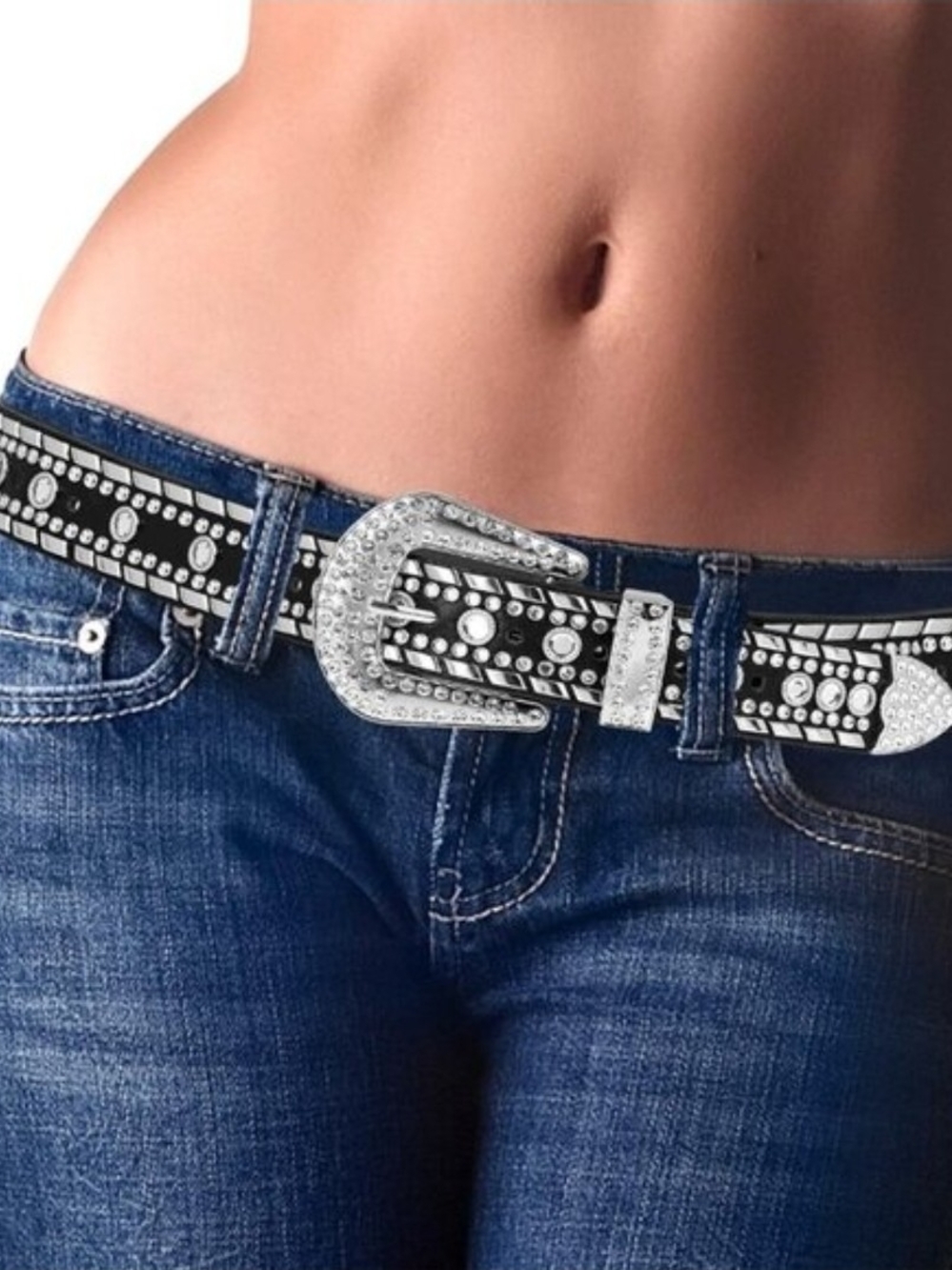 Rhinestone Studded Black Belt with Silver Buckle